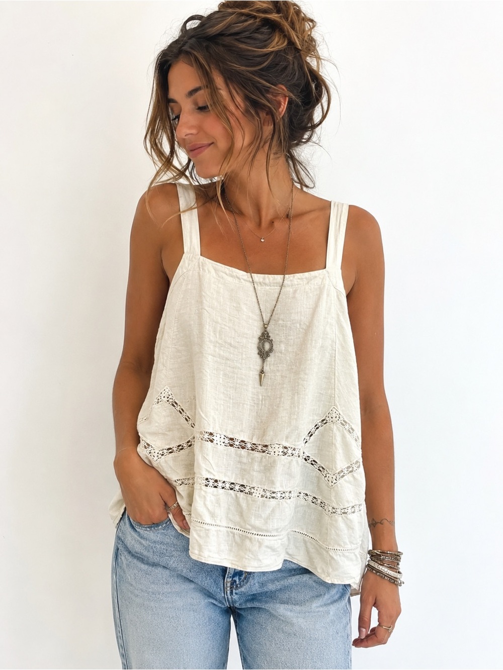 Free People Cream Crochet-Trim Square Neck Cami